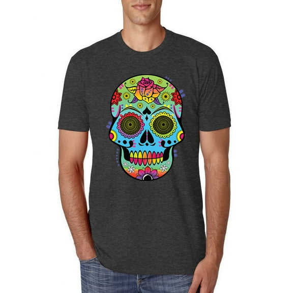 Wild Bobby, Colorful Floral Sugar Skull Streetwear Mens Premium Tri Blend T-Shirt, Vintage Black, Medium