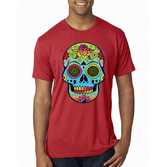 Wild Bobby, Colorful Floral Sugar Skull Streetwear Mens Premium Tri Blend T-Shirt, Vintage Red, Medium