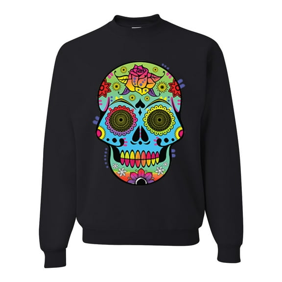 Wild Bobby, Colorful Floral Sugar Skull Streetwear Unisex Crewneck Graphic Sweatshirt, Black, 3XL