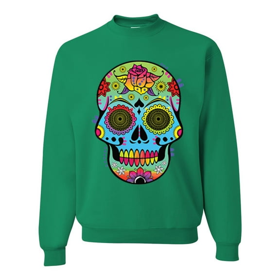 Wild Bobby, Colorful Floral Sugar Skull Streetwear Unisex Crewneck Graphic Sweatshirt, Kelly, 2XL
