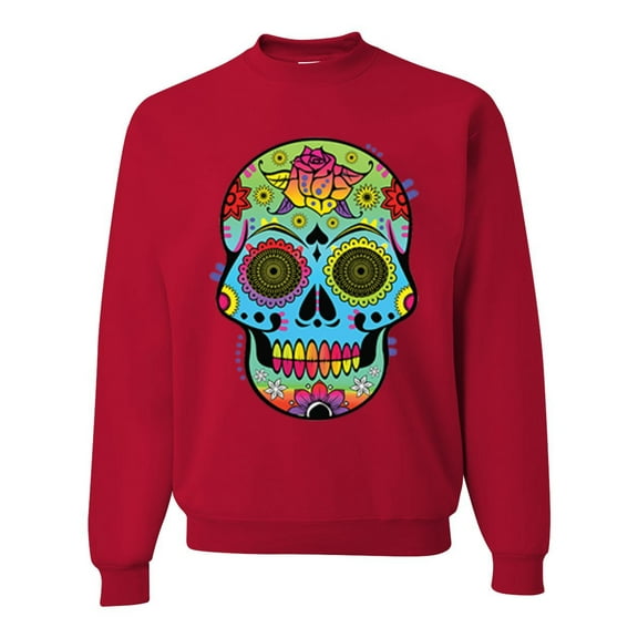 Wild Bobby, Colorful Floral Sugar Skull Streetwear Unisex Crewneck Graphic Sweatshirt, Red, Small