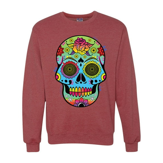 Wild Bobby, Colorful Floral Sugar Skull Streetwear Unisex Crewneck Graphic Sweatshirt, Vintage Heather Red, Medium