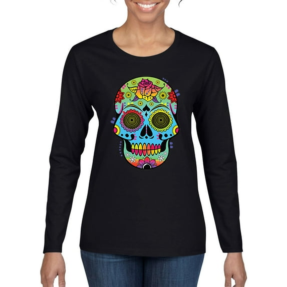 Wild Bobby, Colorful Floral Sugar Skull Streetwear Womens Graphic Long Sleeve T-Shirt, Black, Small