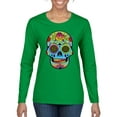 thumbnail image 1 of Wild Bobby, Colorful Floral Sugar Skull Streetwear Womens Graphic Long Sleeve T-Shirt, Kelly, Large, 1 of 3