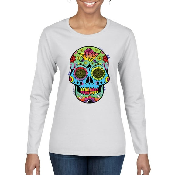 Wild Bobby, Colorful Floral Sugar Skull Streetwear Womens Graphic Long Sleeve T-Shirt, White, 2XL