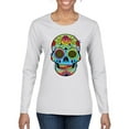 thumbnail image 1 of Wild Bobby, Colorful Floral Sugar Skull Streetwear Womens Graphic Long Sleeve T-Shirt, White, Small, 1 of 3