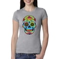 thumbnail image 1 of Colorful Floral Sugar Skull Streetwear Womens Slim Fit Junior Tee, Heather Grey, Large, 1 of 3
