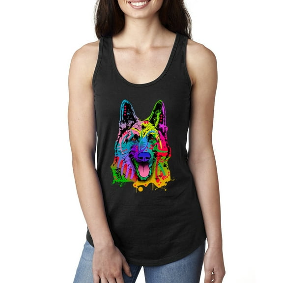 Wild Bobby, Colorful Happy German Shepherd Dog Animal Lover Ladies Racerback Tank Top, Black, Small
