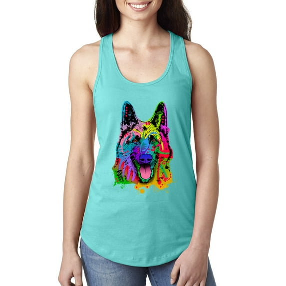 Wild Bobby, Colorful Happy German Shepherd Dog Animal Lover Ladies Racerback Tank Top, Tahiti Blue, Small
