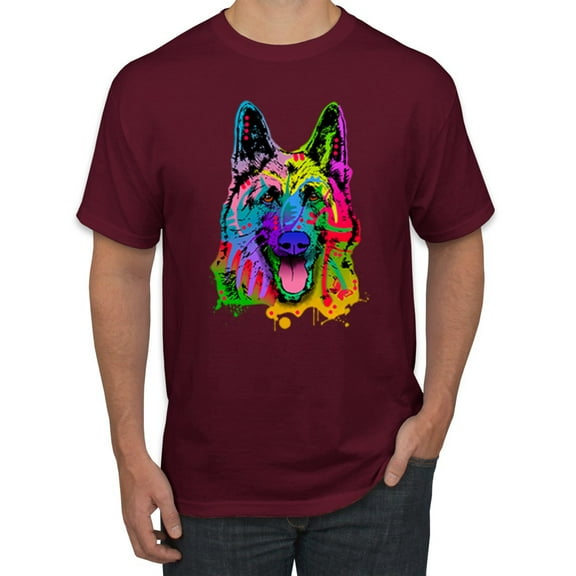 Wild Bobby, Colorful Happy German Shepherd Dog Animal Lover Men's Graphic T-Shirt, Maroon, 4XL