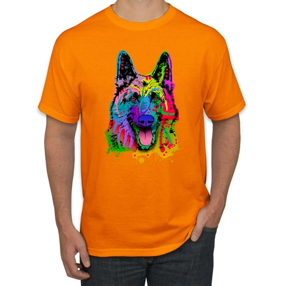 Wild Bobby, Colorful Happy German Shepherd Dog Animal Lover Men's Graphic T-Shirt, Orange, Large