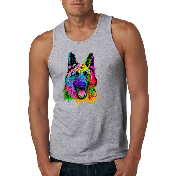 Wild Bobby, Colorful Happy German Shepherd Dog Animal Lover Mens Graphic Tank Top, Heather Grey, Small