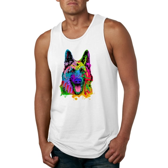 Wild Bobby, Colorful Happy German Shepherd Dog Animal Lover Mens Graphic Tank Top, White, X-Large