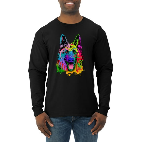 Wild Bobby, Colorful Happy German Shepherd Dog Animal Lover Mens Long Sleeve Shirt, Black, Small