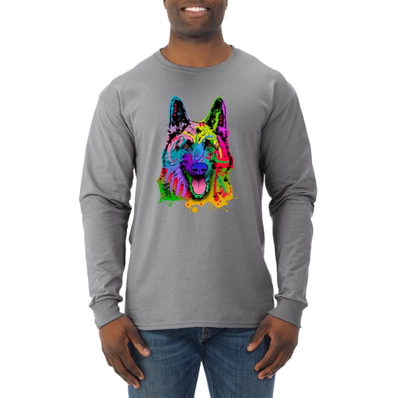 Wild Bobby, Colorful Happy German Shepherd Dog Animal Lover Mens Long Sleeve Shirt, Heather Grey, Large