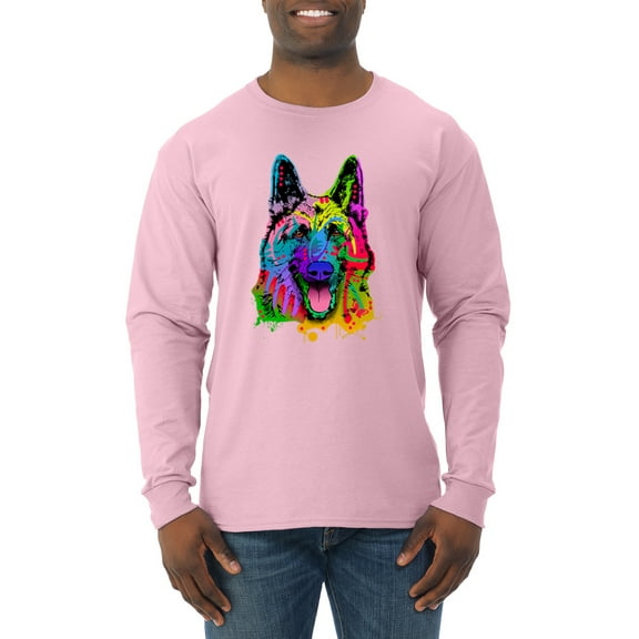 Wild Bobby, Colorful Happy German Shepherd Dog Animal Lover Mens Long Sleeve Shirt, Light Pink, Small