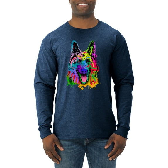 Wild Bobby, Colorful Happy German Shepherd Dog Animal Lover Mens Long Sleeve Shirt, Vintage Heather Navy, Small