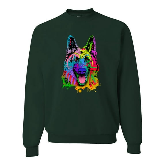 Wild Bobby, Colorful Happy German Shepherd Dog Animal Lover Unisex Crewneck Graphic Sweatshirt, Forest Green, 2XL
