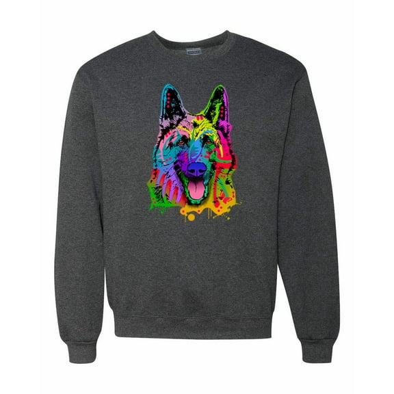 Wild Bobby, Colorful Happy German Shepherd Dog Animal Lover Unisex Crewneck Graphic Sweatshirt, Heather Black, Medium