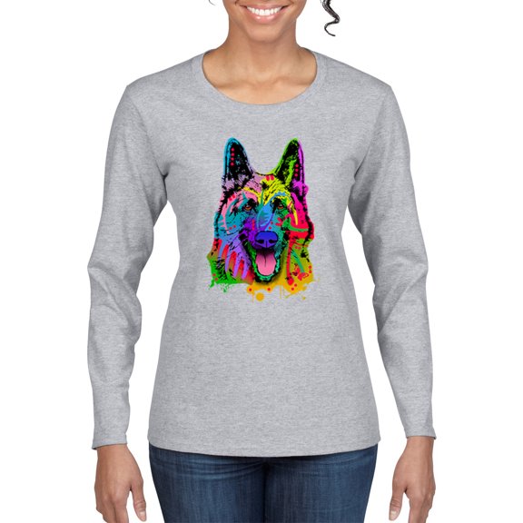 Wild Bobby, Colorful Happy German Shepherd Dog Animal Lover Womens Graphic Long Sleeve T-Shirt, Heather Grey, Small