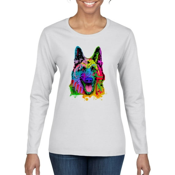 Wild Bobby, Colorful Happy German Shepherd Dog Animal Lover Womens Graphic Long Sleeve T-Shirt, White, Medium