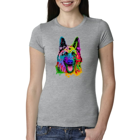 Colorful Happy German Shepherd Dog Animal Lover Womens Slim Fit Junior Tee, Heather Grey, Small
