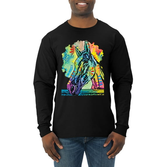 Wild Bobby, Colorful Horse Head Animal Lover Mens Long Sleeve Shirt, Black, Small