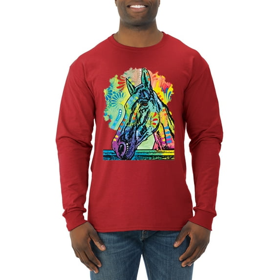 Colorful Horse Head Animal Lover Mens Long Sleeve Shirt, Red, 2XL