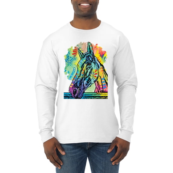 Colorful Horse Head Animal Lover Mens Long Sleeve Shirt, White, Medium