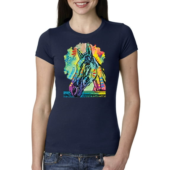 Wild Bobby, Colorful Horse Head Animal Lover Womens Slim Fit Junior Tee, Navy, X-Large
