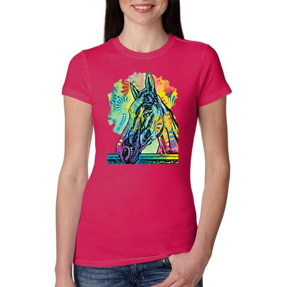 Colorful Horse Head Animal Lover Womens Slim Fit Junior Tee, Raspberry, Large