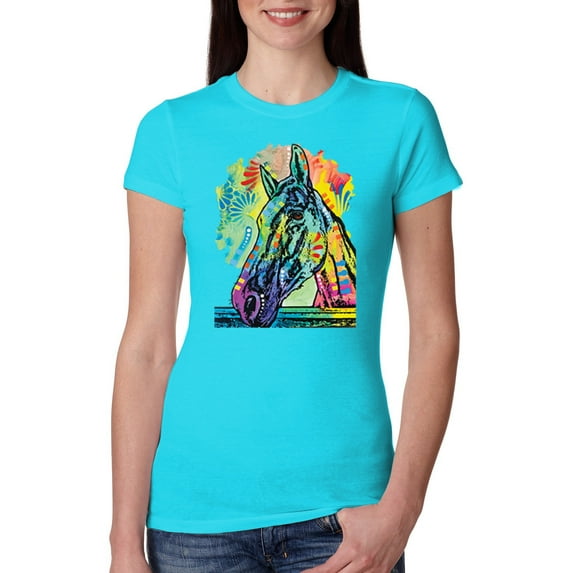 Colorful Horse Head Animal Lover Womens Slim Fit Junior Tee, Tahiti Blue, Medium
