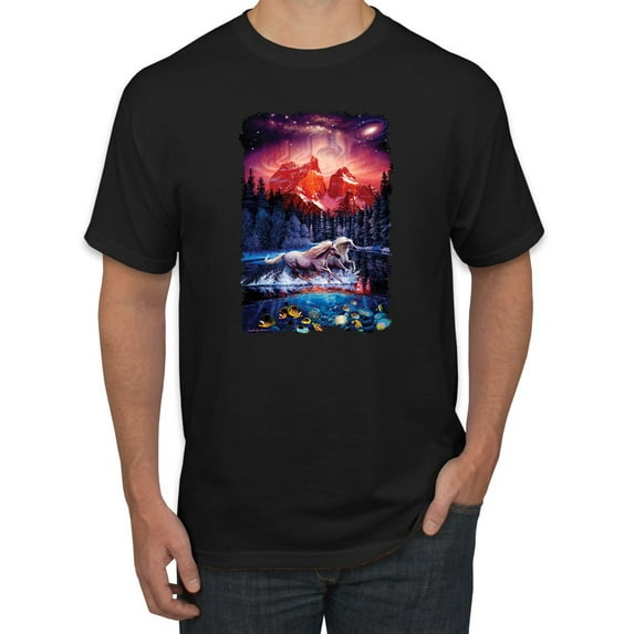 Wild Bobby, Colorful Horses Running on Forest Auroa, Animal Lover, Men Graphic Tees, Black, Small