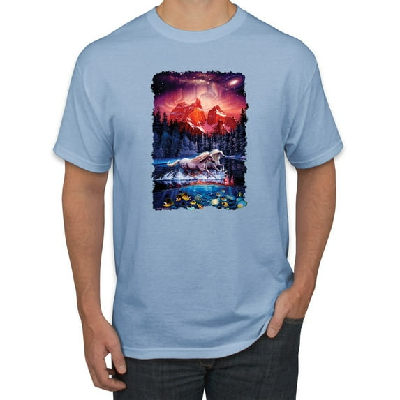 Wild Bobby, Colorful Horses Running on Forest Auroa, Animal Lover, Men Graphic Tees, Light Blue, X-Large