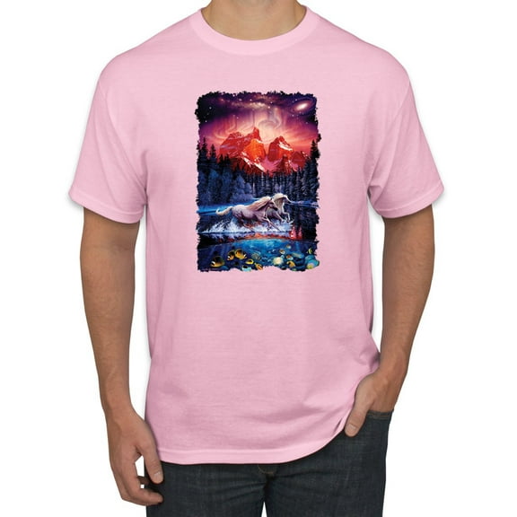 Wild Bobby, Colorful Horses Running on Forest Auroa, Animal Lover, Men Graphic Tees, Light Pink, Large