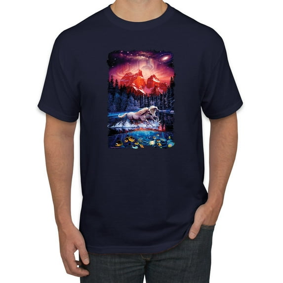 Wild Bobby, Colorful Horses Running on Forest Auroa, Animal Lover, Men Graphic Tees, Navy, X-Large