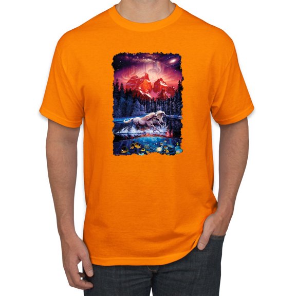 Wild Bobby, Colorful Horses Running on Forest Auroa, Animal Lover, Men Graphic Tees, Orange, Medium