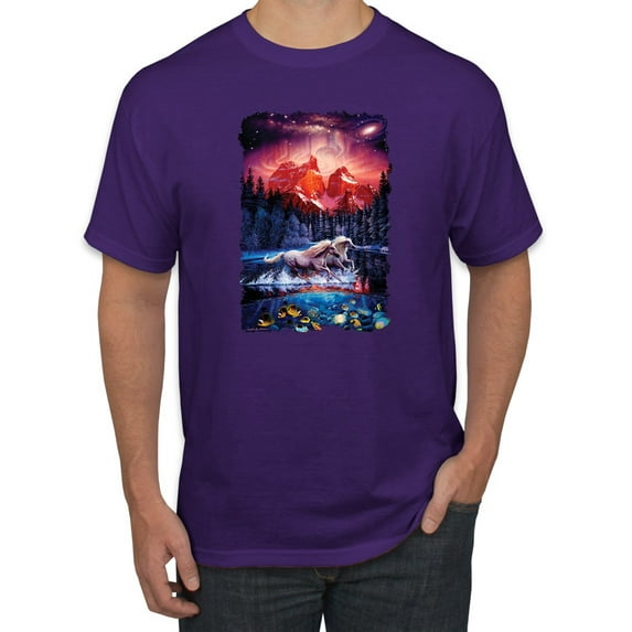 Wild Bobby, Colorful Horses Running on Forest Auroa, Animal Lover, Men Graphic Tees, Purple, Large