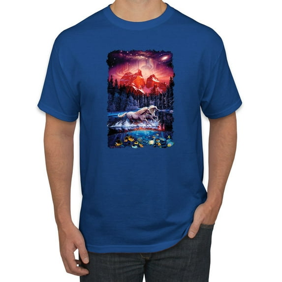 Wild Bobby, Colorful Horses Running on Forest Auroa, Animal Lover, Men Graphic Tees, Royal, 2XL