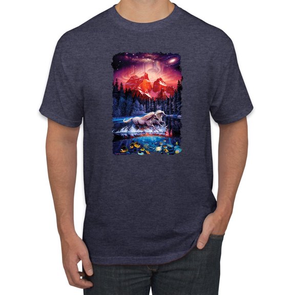 Wild Bobby, Colorful Horses Running on Forest Auroa, Animal Lover, Men Graphic Tees, Vintage Heather Navy, X-Large