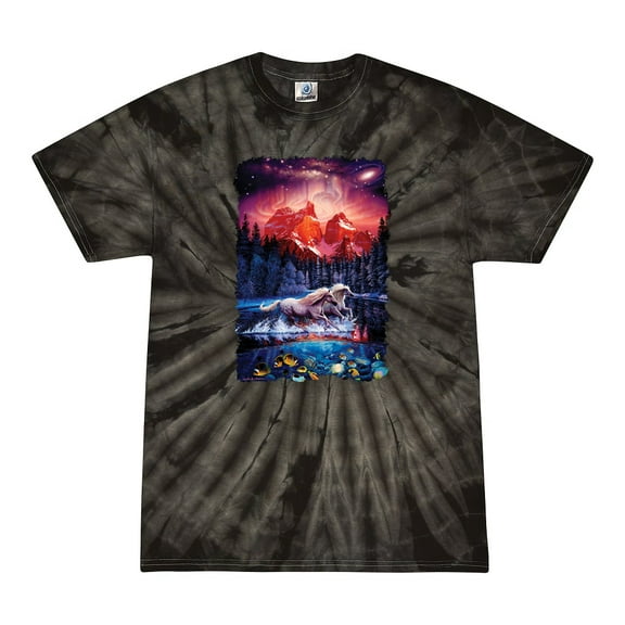 Wild Bobby, Colorful Horses Running on Forest Auroa, Animal Lover, Tie-Dye Tees, Spiral Black, Large