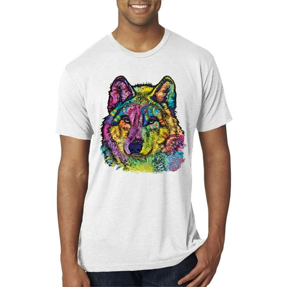 Wild Bobby, Colorful Majestic Neon Atric Wolf | Dean Russo Art Animal Lover Mens Premium Tri Blend T-Shirt, Heather White, XL