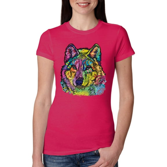 Wild Bobby, Colorful Majestic Neon Atric Wolf | Dean Russo Art Animal Lover Womens Slim Fit Junior Tee, Raspberry, M