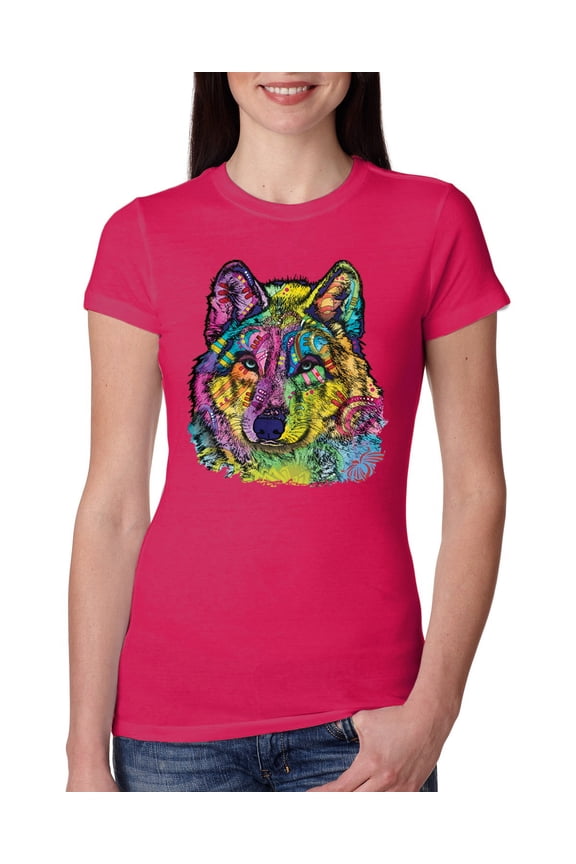 , Colorful Majestic Neon Atric Wolf | Dean Russo Art Animal Lover Womens Slim Fit Junior Tee, Raspberry, XL