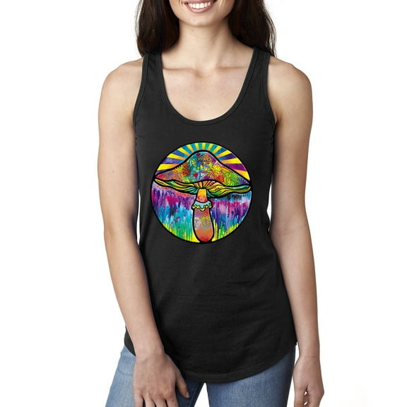 Wild Bobby Colorful Mushroom Retro Puff Print Fashion Ladies Racerback Tank Top, Black, Small