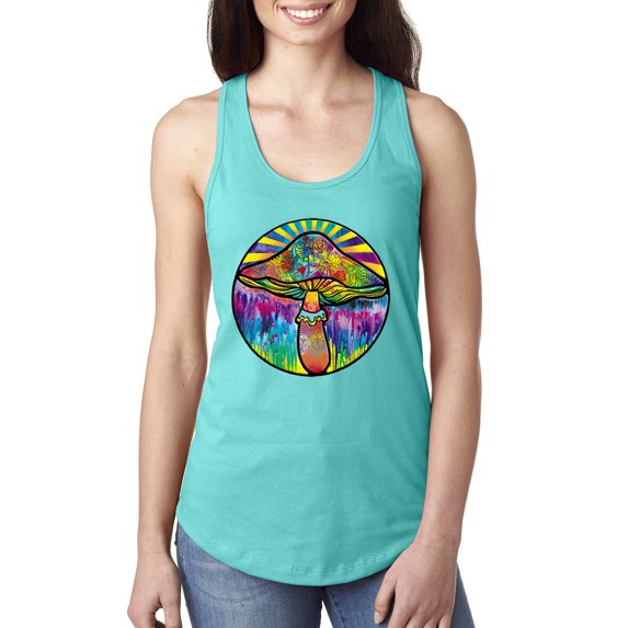 Wild Bobby Colorful Mushroom Retro Puff Print Fashion Ladies Racerback Tank Top, Tahiti Blue, Small