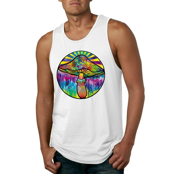 Wild Bobby Colorful Mushroom Retro Puff Print Fashion Mens Tank Top, White, Large