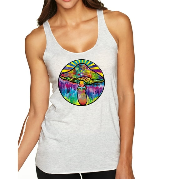 Wild Bobby Colorful Mushroom Retro Puff Print Fashion Tri-Blend Racerback Tank Top, Heather White, Medium