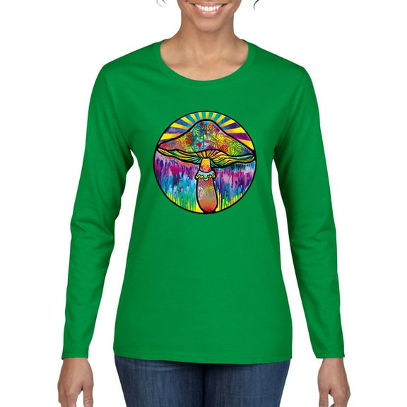 Wild Bobby Colorful Mushroom Retro Puff Print Fashion Womens Graphic Long Sleeve Tee, Kelly, X-Large