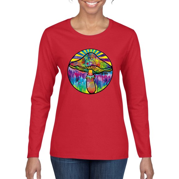Wild Bobby Colorful Mushroom Retro Puff Print Fashion Womens Graphic Long Sleeve Tee, Red, Medium